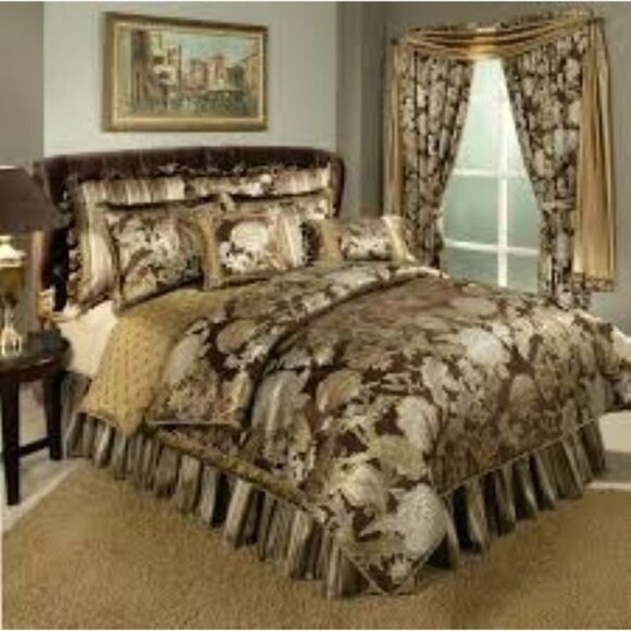 Austin Horn Wonderland Collection Other - VTG Austin Horn Jacquard KING Comforter Brown Gold Stripe Piping Luxury Made USA
